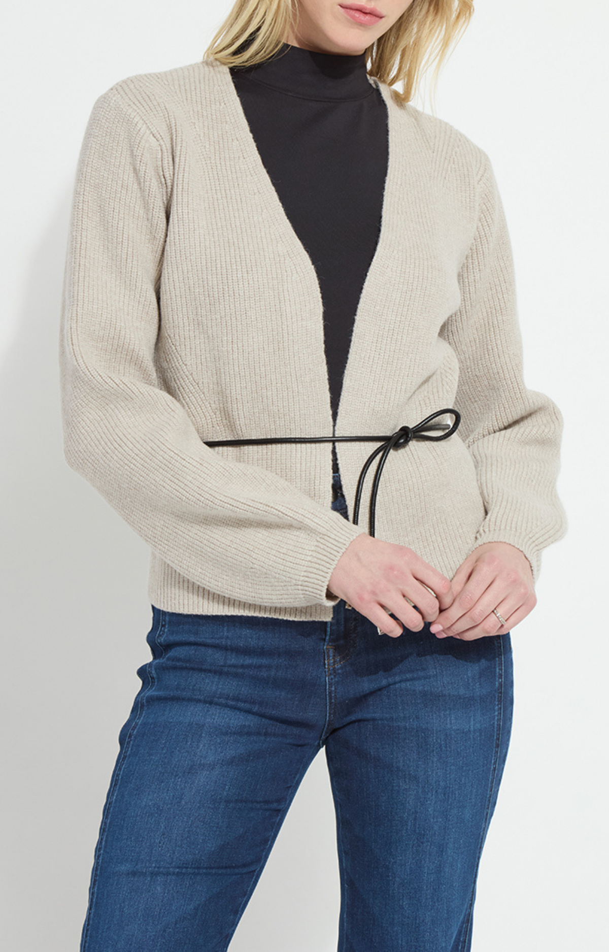 Beige Leather Belted Cardigan