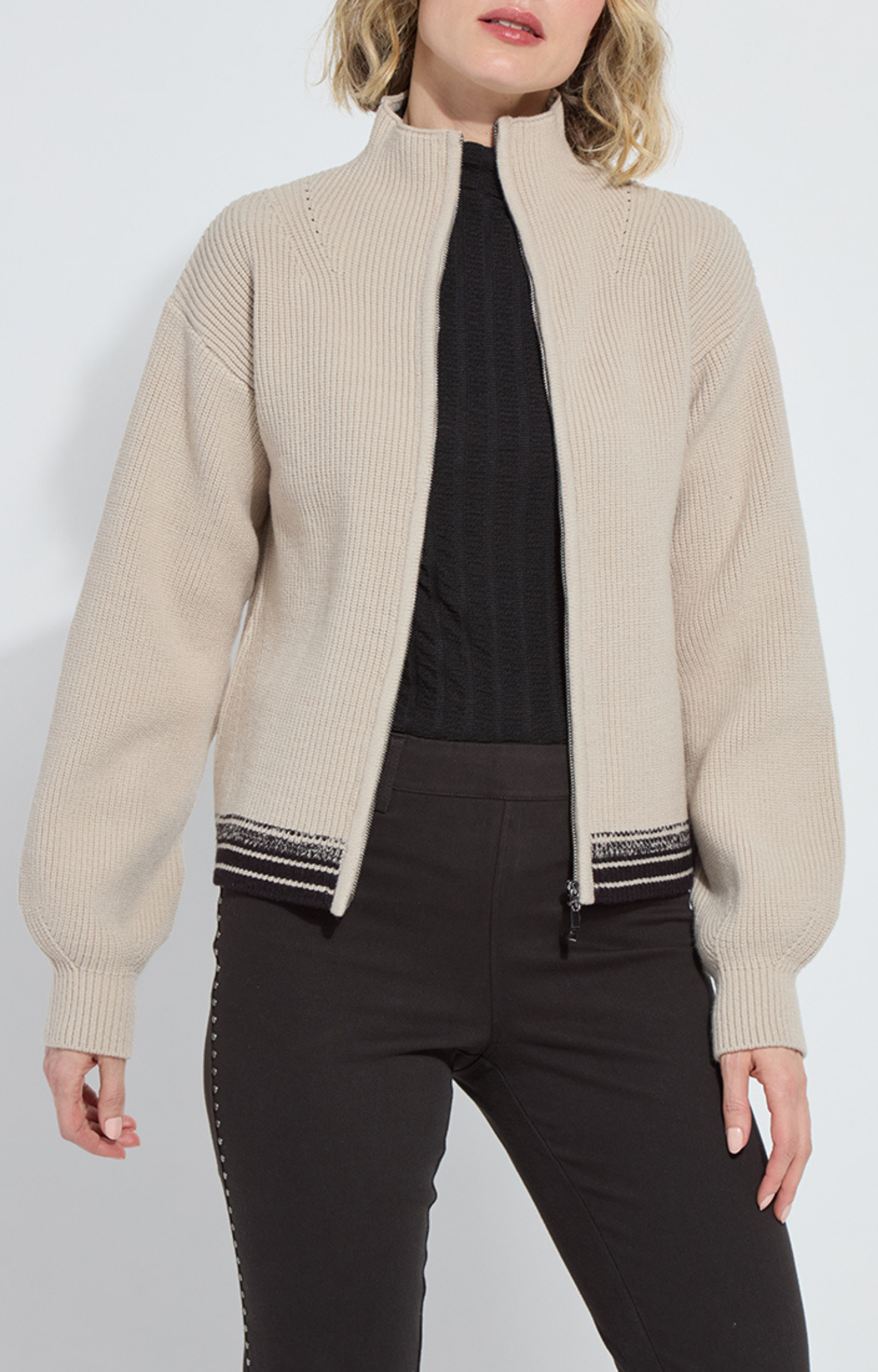 Beige/Black Striped Zip-Up Sweater