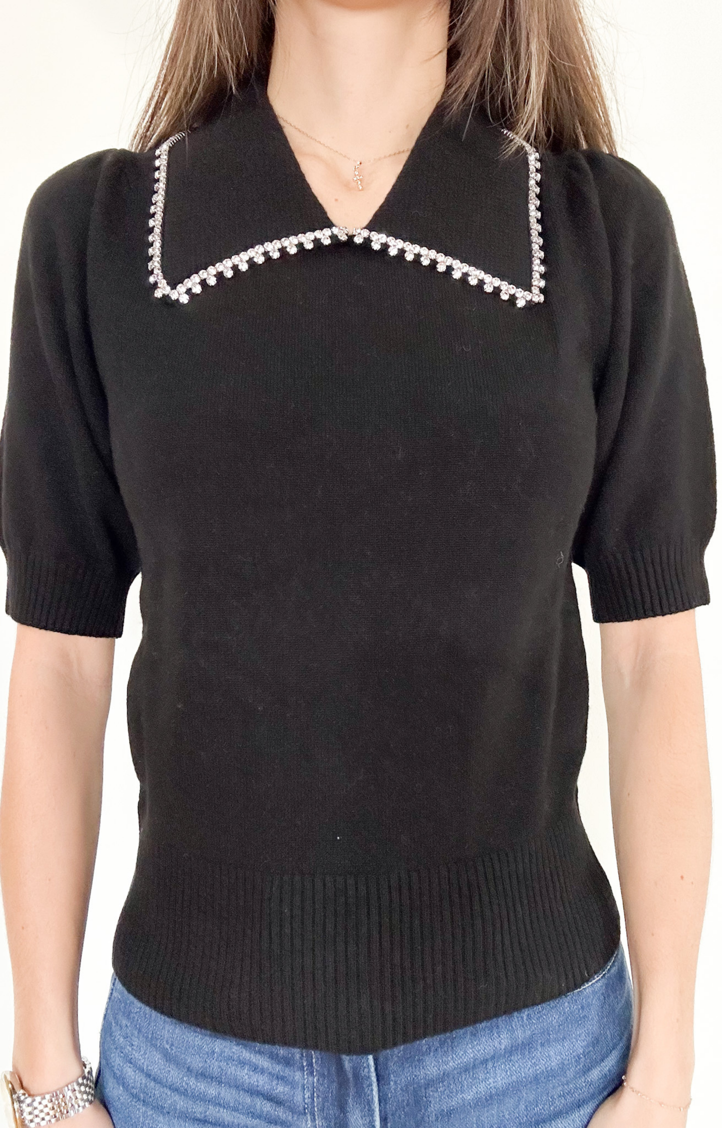 Black Rhinestone Collar Cashmere Top