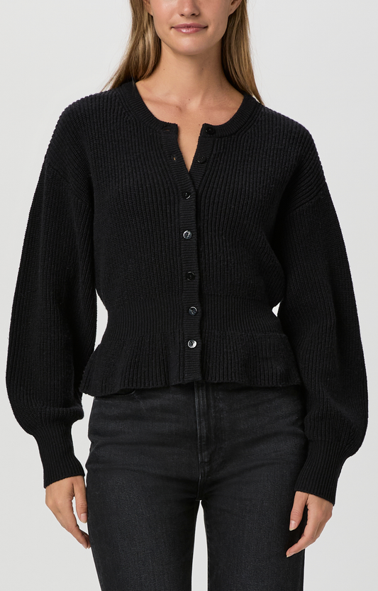 Black Ruffle Hem Waisted Cardigan