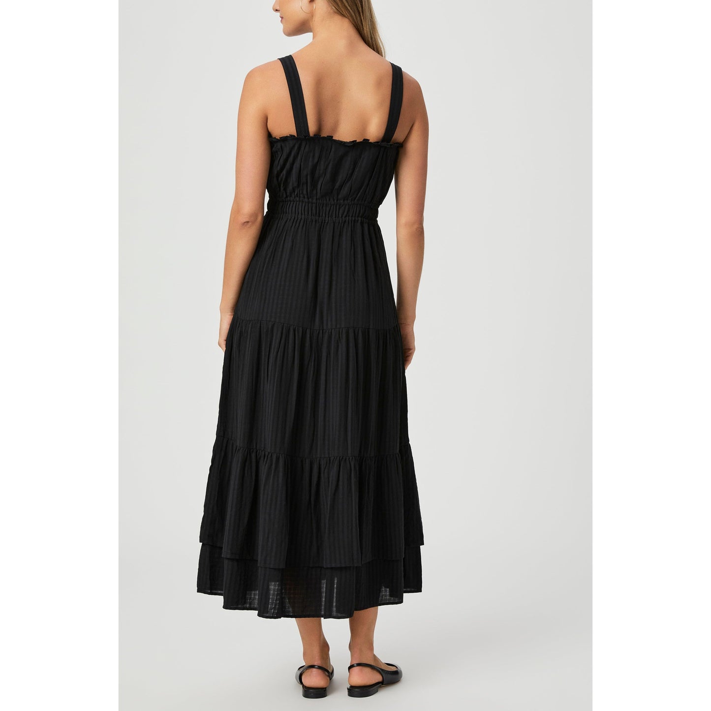 Black Shirred Ruffle Midi Dress