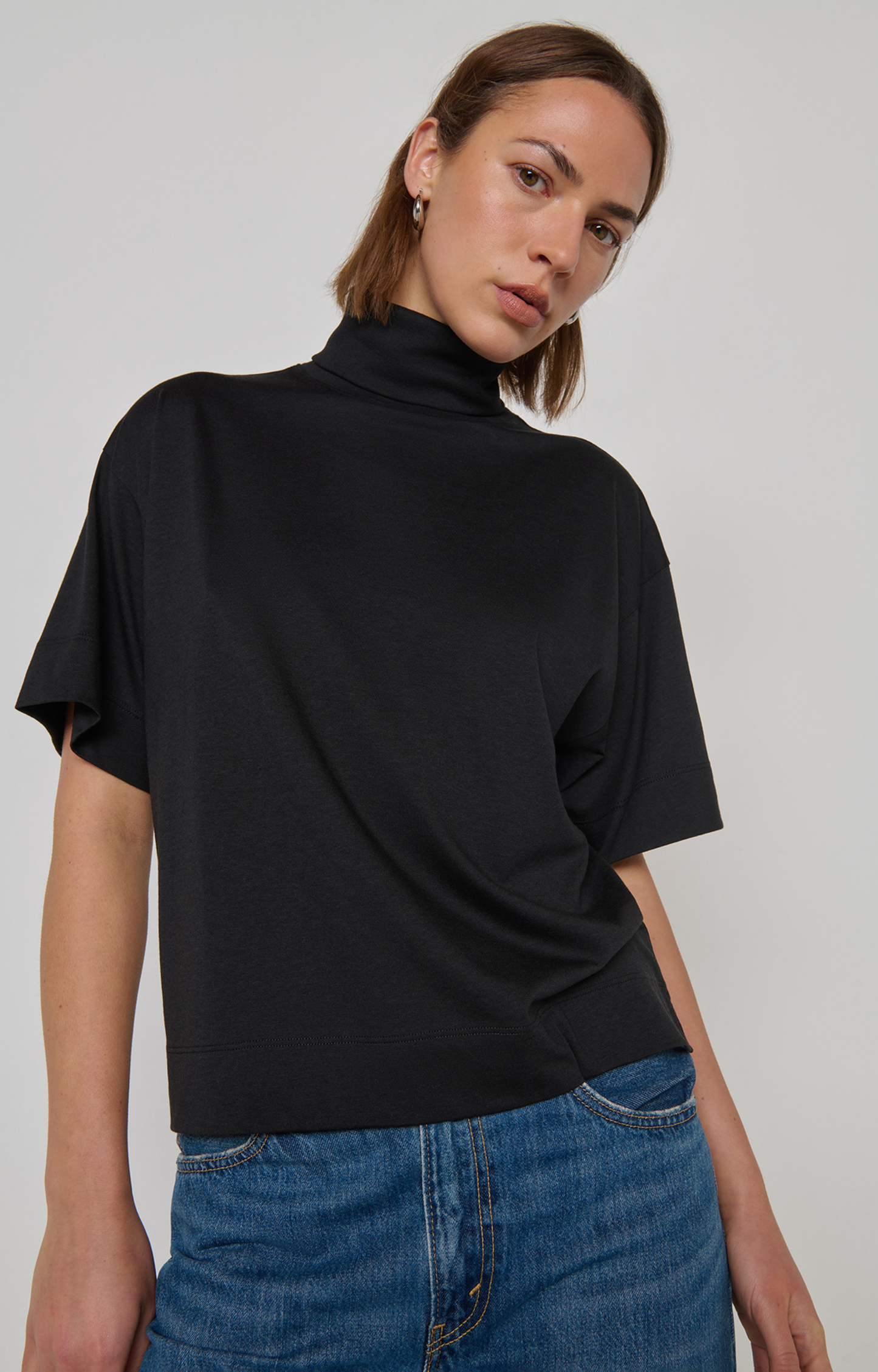 Black Short Sleeve Turtleneck Top