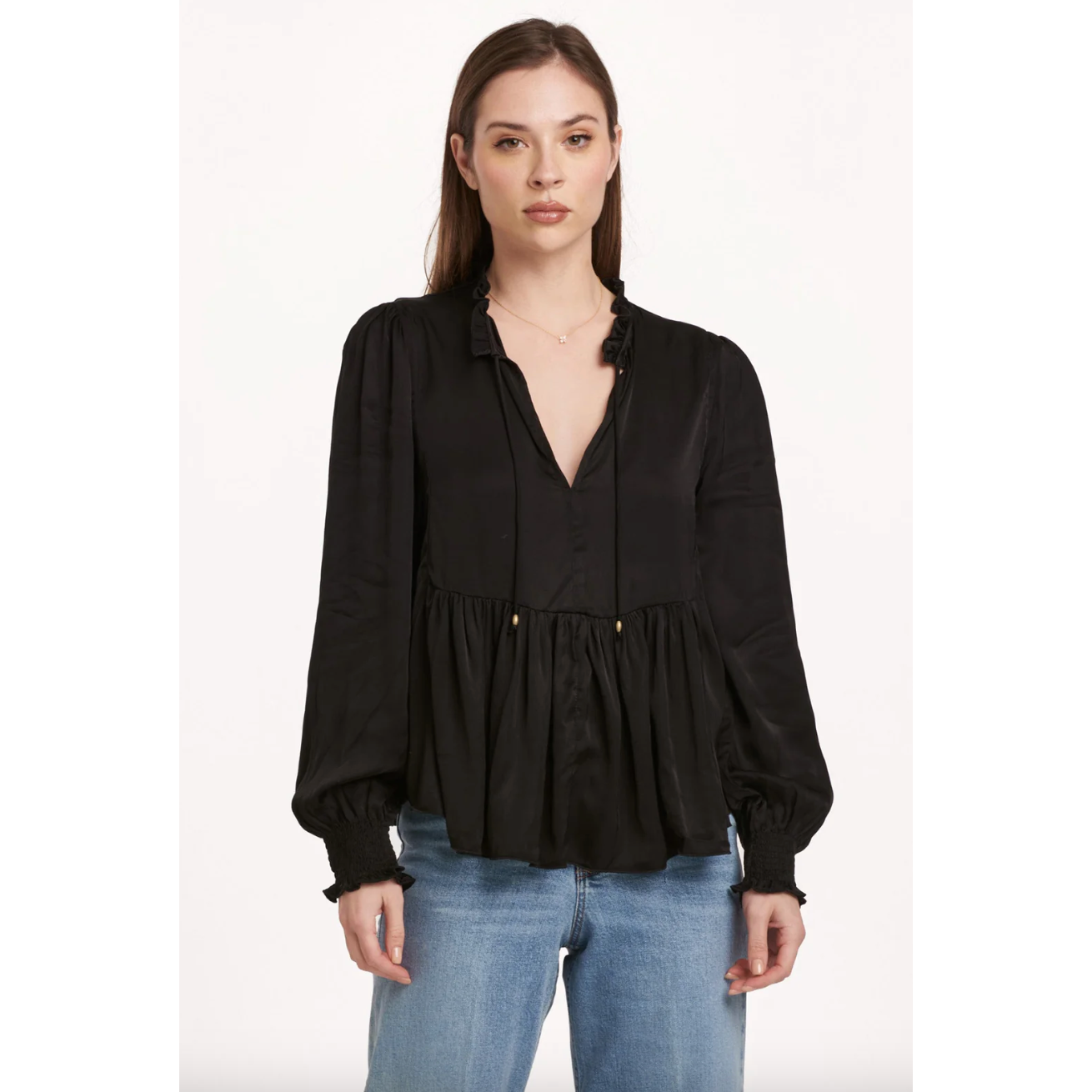 Black Tie Neck Peplum Blouse