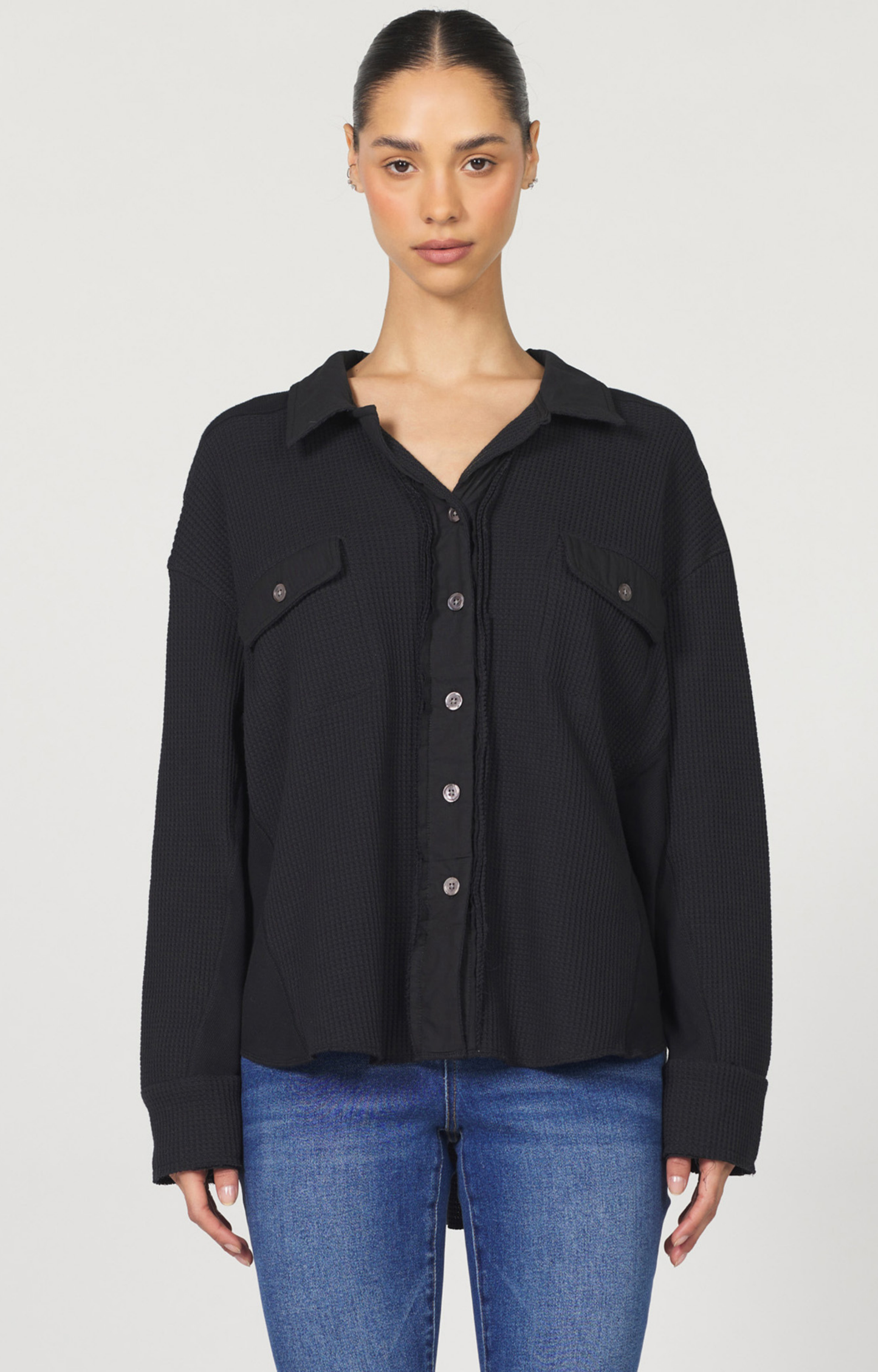 Black Waffle Knit Button Down