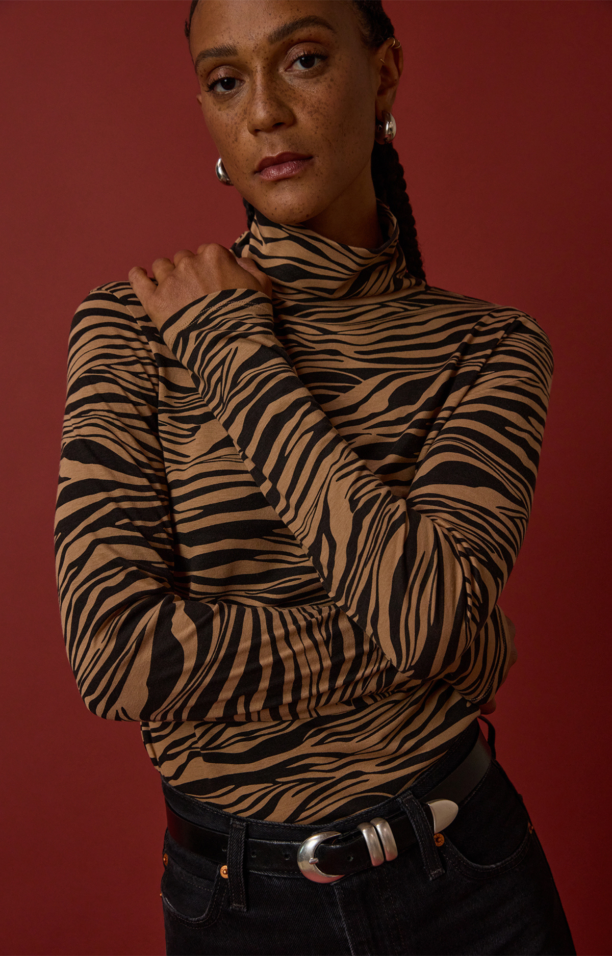Black/Tan Zebra Mockneck Top