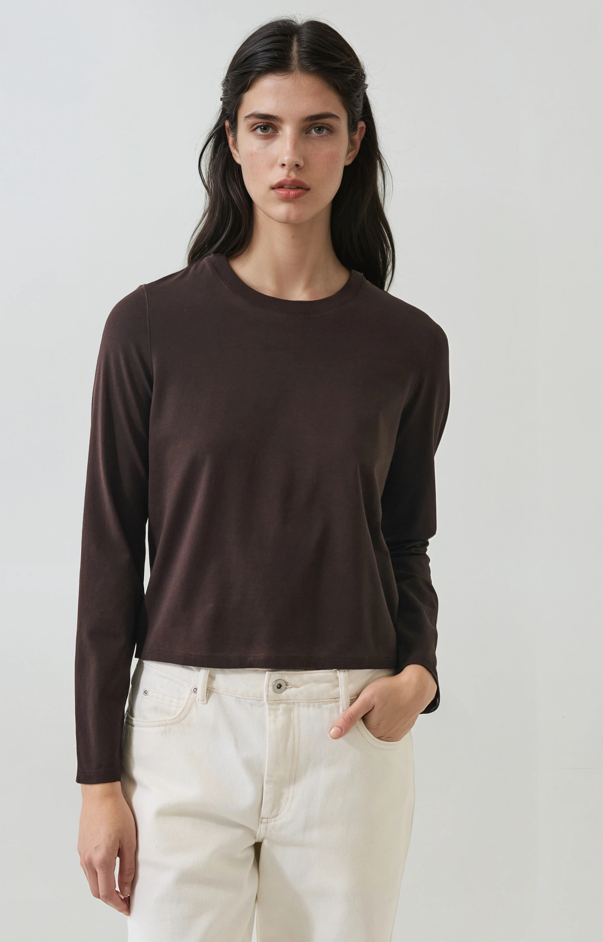 Brown Long Sleeve Skimming T-Shirt