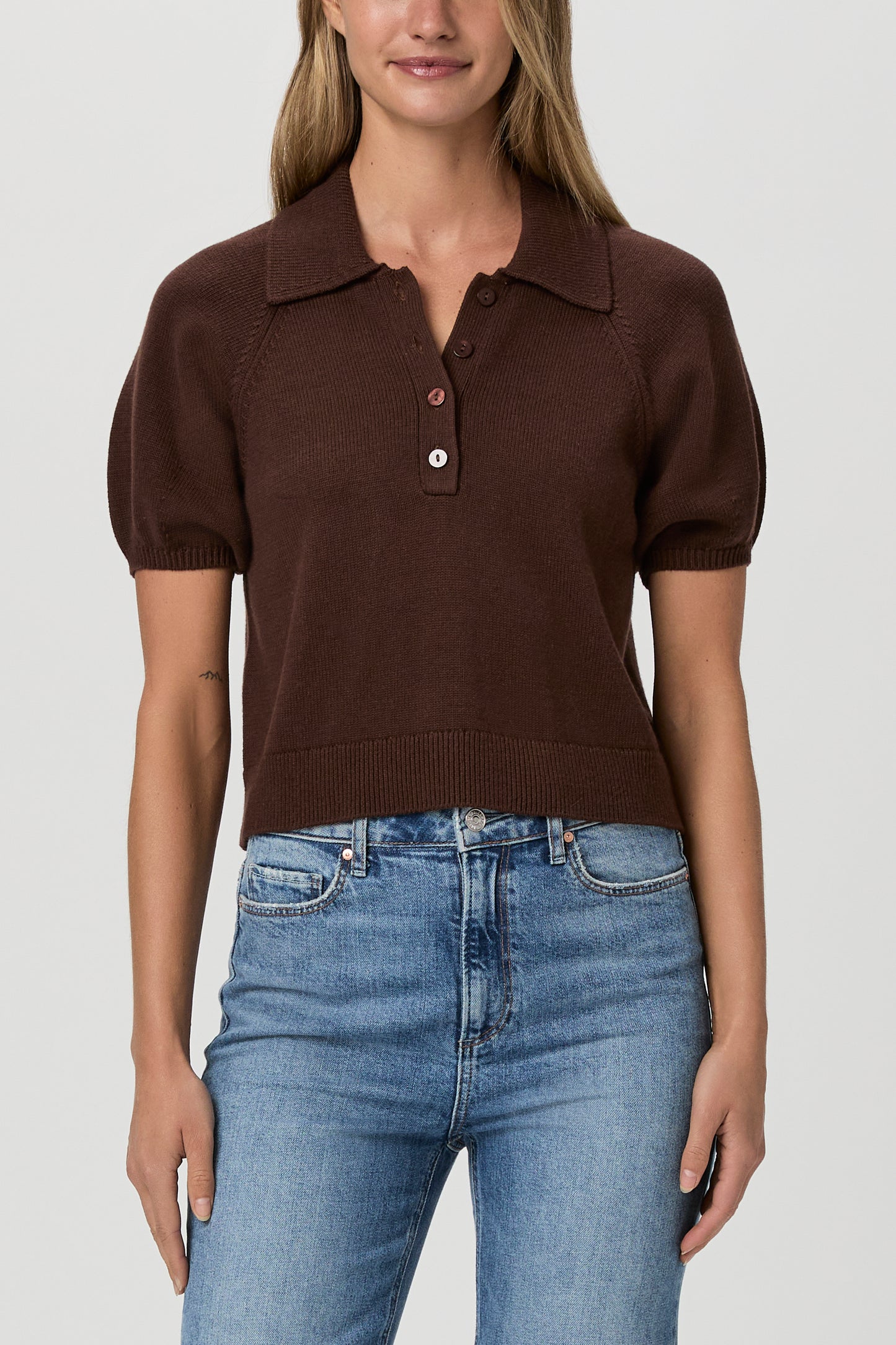 Brown Puff Sleeve Polo Top