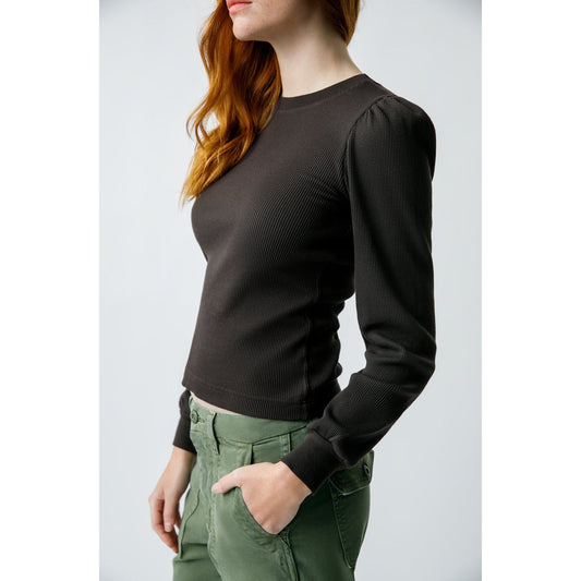 Brown Puff Sleeve Waffle Top