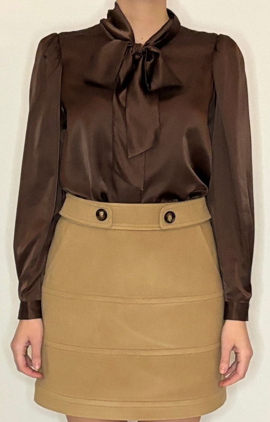 Brown Silk Blend Tie Neck Blouse