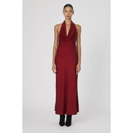 Burgundy Satin Halter Midi Dress