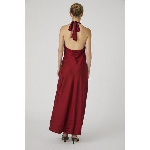 Burgundy Satin Halter Midi Dress