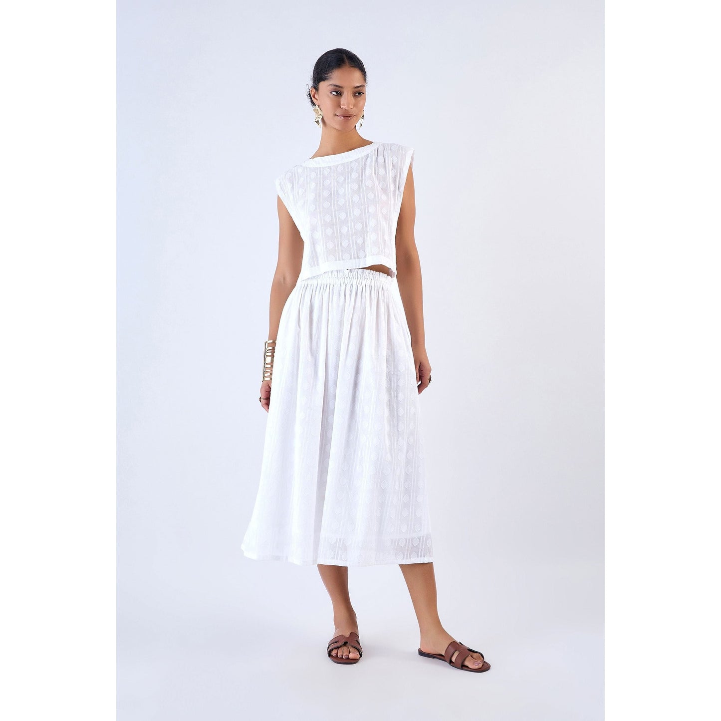 Cotton Weave White Midi Skirt