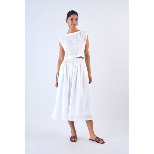 Cotton Weave White Midi Skirt