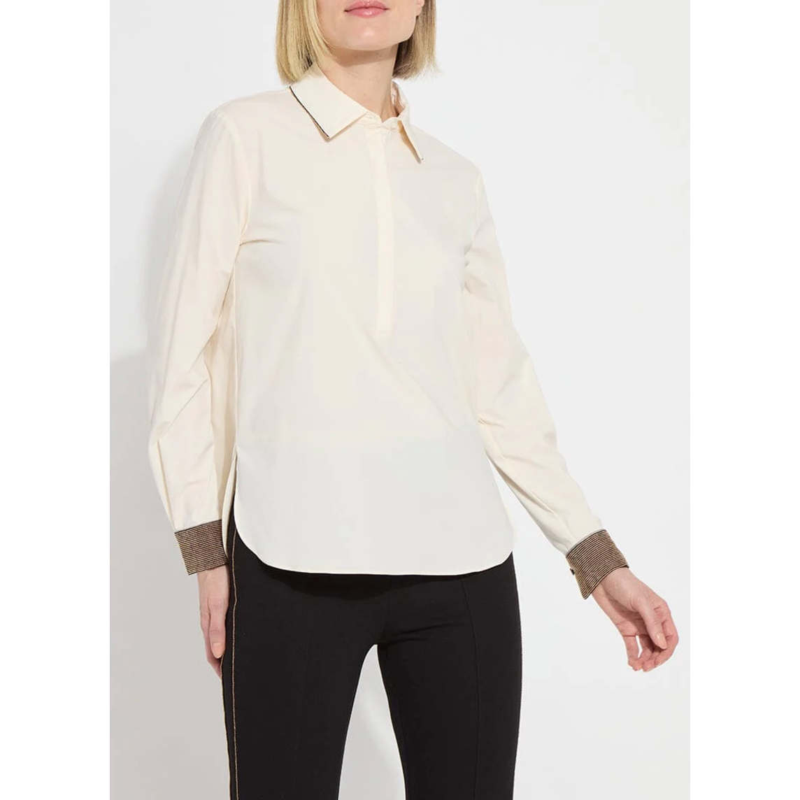 Cream Beaded Cuff Button Down Shirt