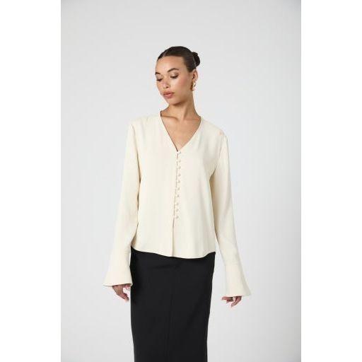 Cream Crepe Bell Sleeve Button Blouse