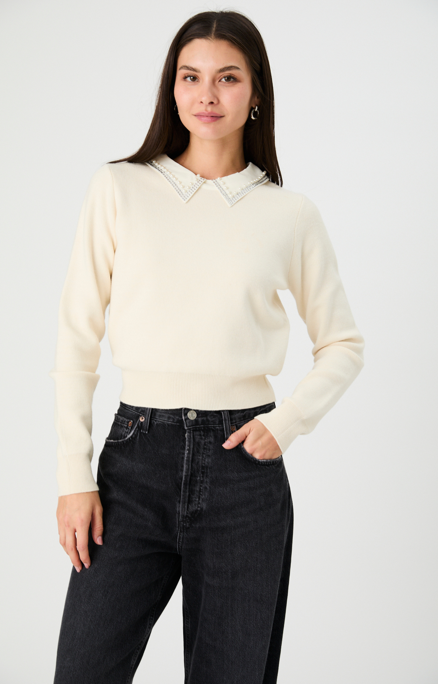 Cream Embellished Collar Sweater