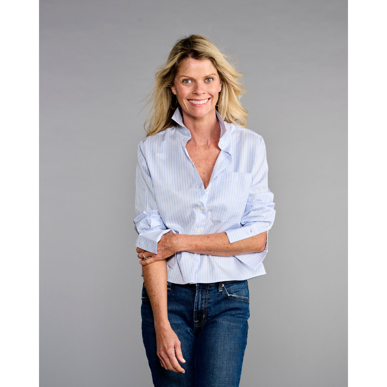 Cropped Blue Stripe Button Down Shirt