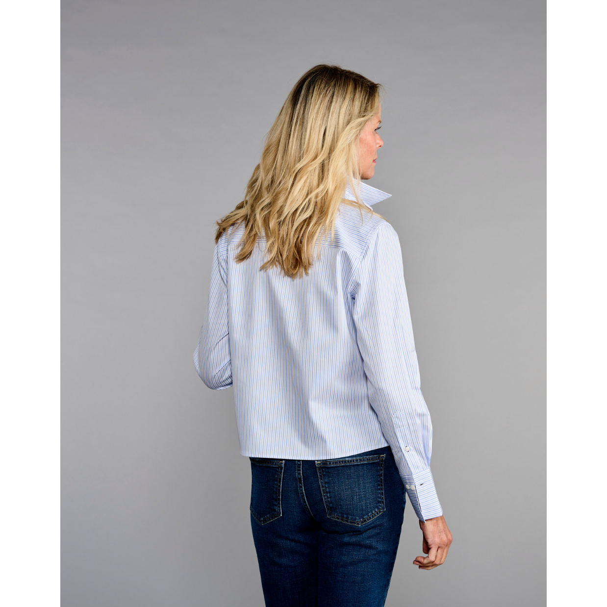 Cropped Blue Stripe Button Down Shirt