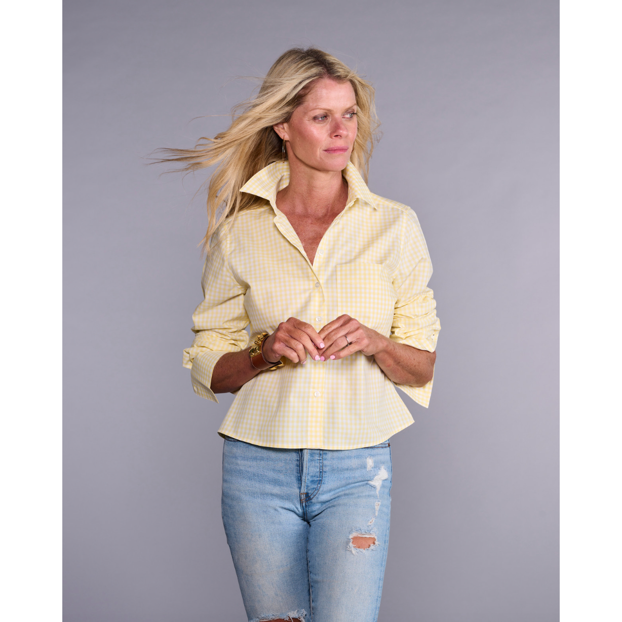 Cropped Yellow Plaid Button Down Shirt