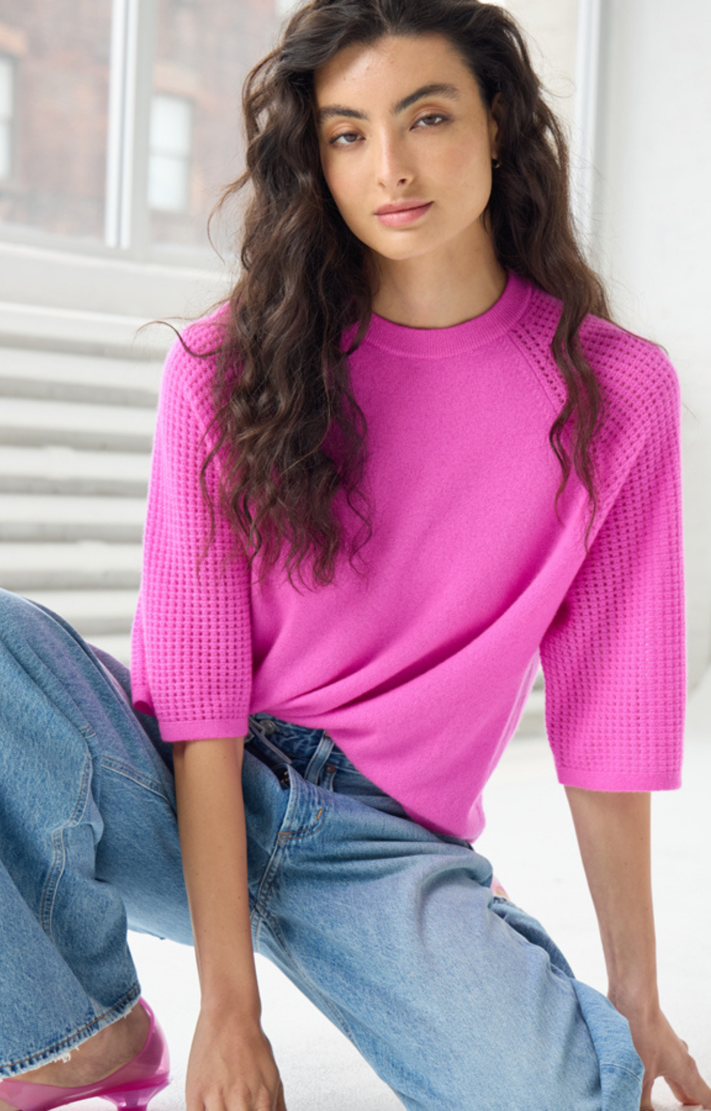 Fuchsia Short Sleeve Cashmere Sweater