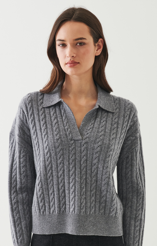 Gray Cable Knit Polo Sweater