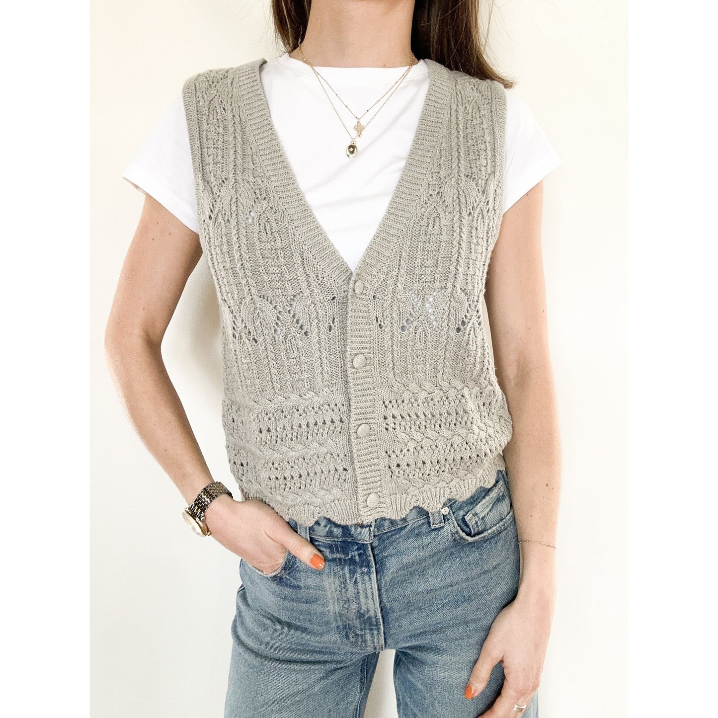 Gray Mixed Texture Knit Vest