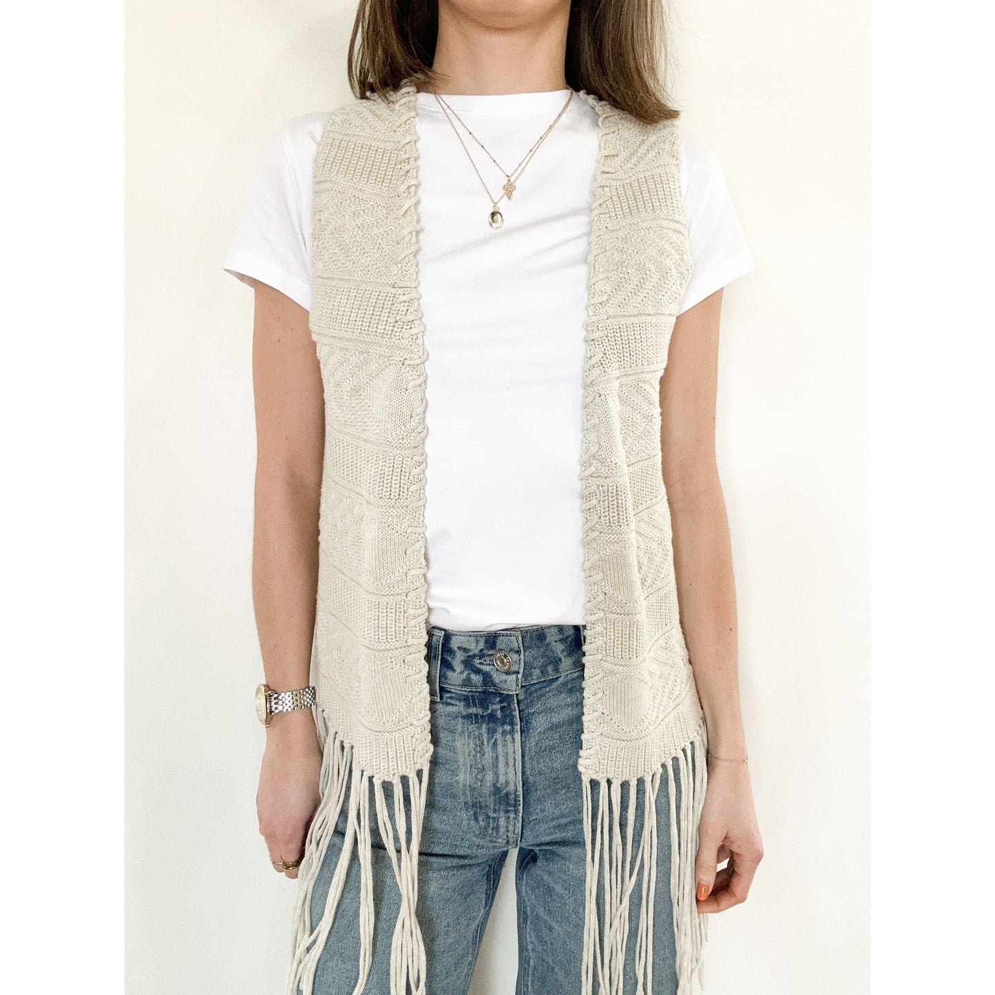 Beige Detailed Fringe Knit Vest