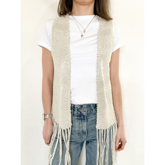 Beige Detailed Fringe Knit Vest