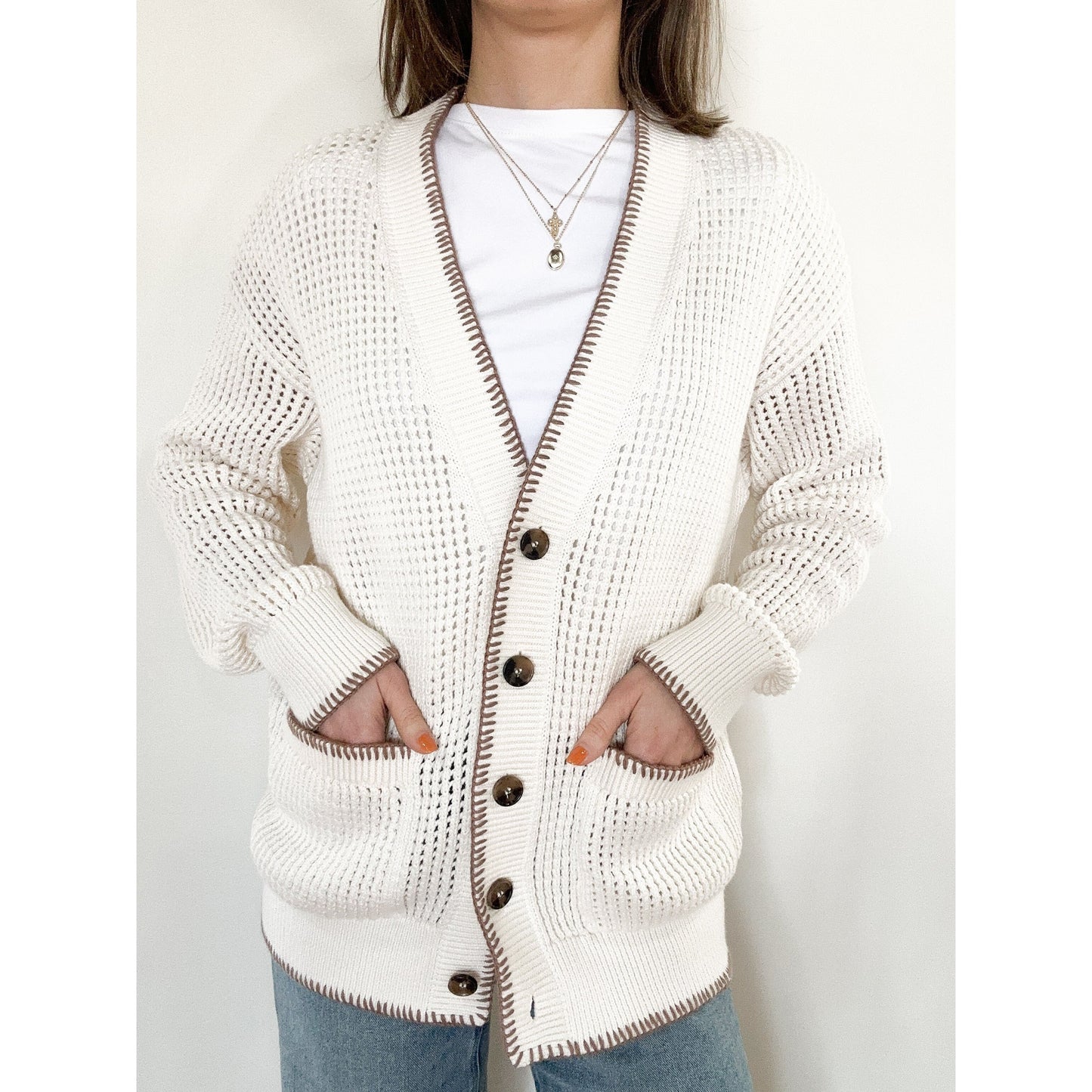 Ivory/Taupe Oversized Crochet Cardigan