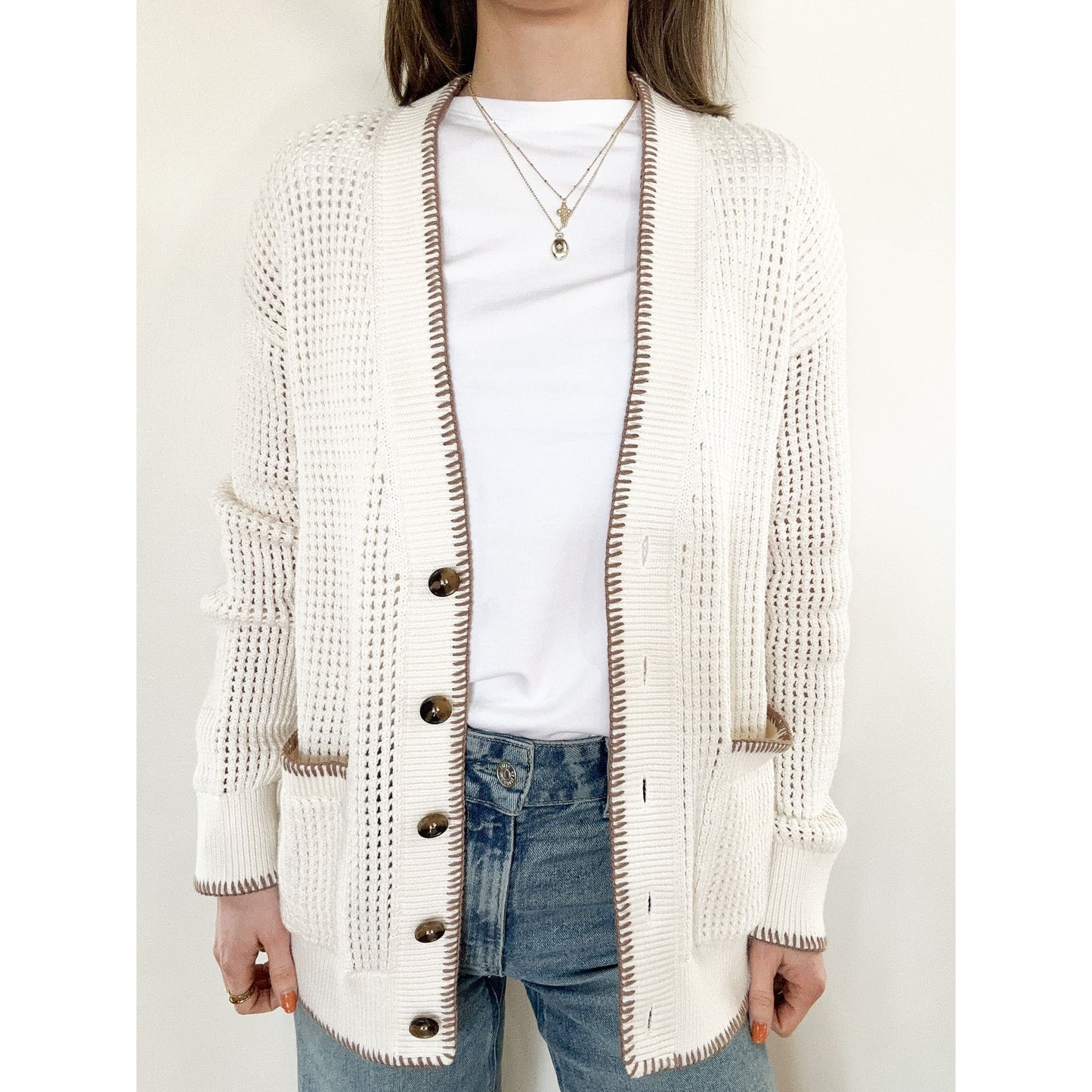 Ivory/Taupe Oversized Crochet Cardigan