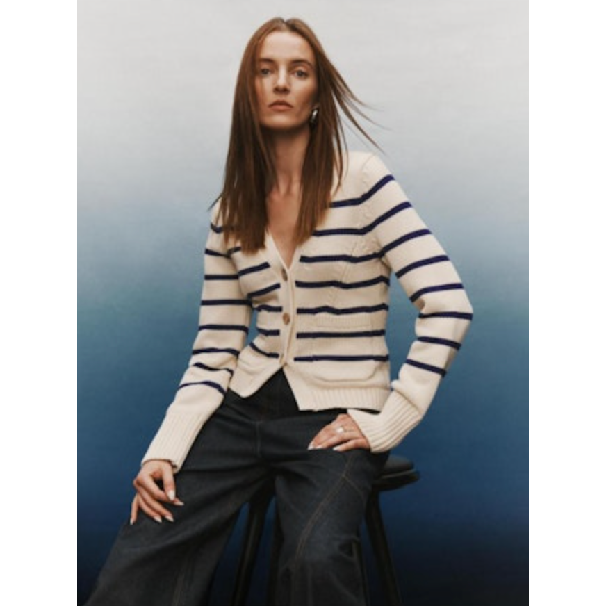 Ivory/Navy Stripe Waisted Cardigan