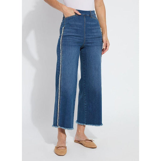 Medium Wash Beige Fringe Jeans