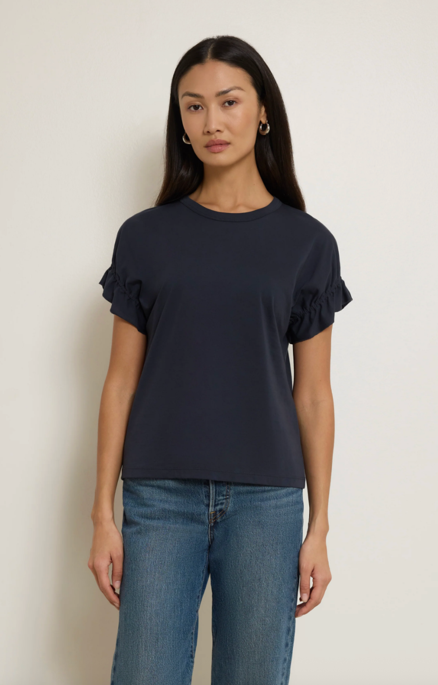 Navy Ruffle Puff Sleeve Top