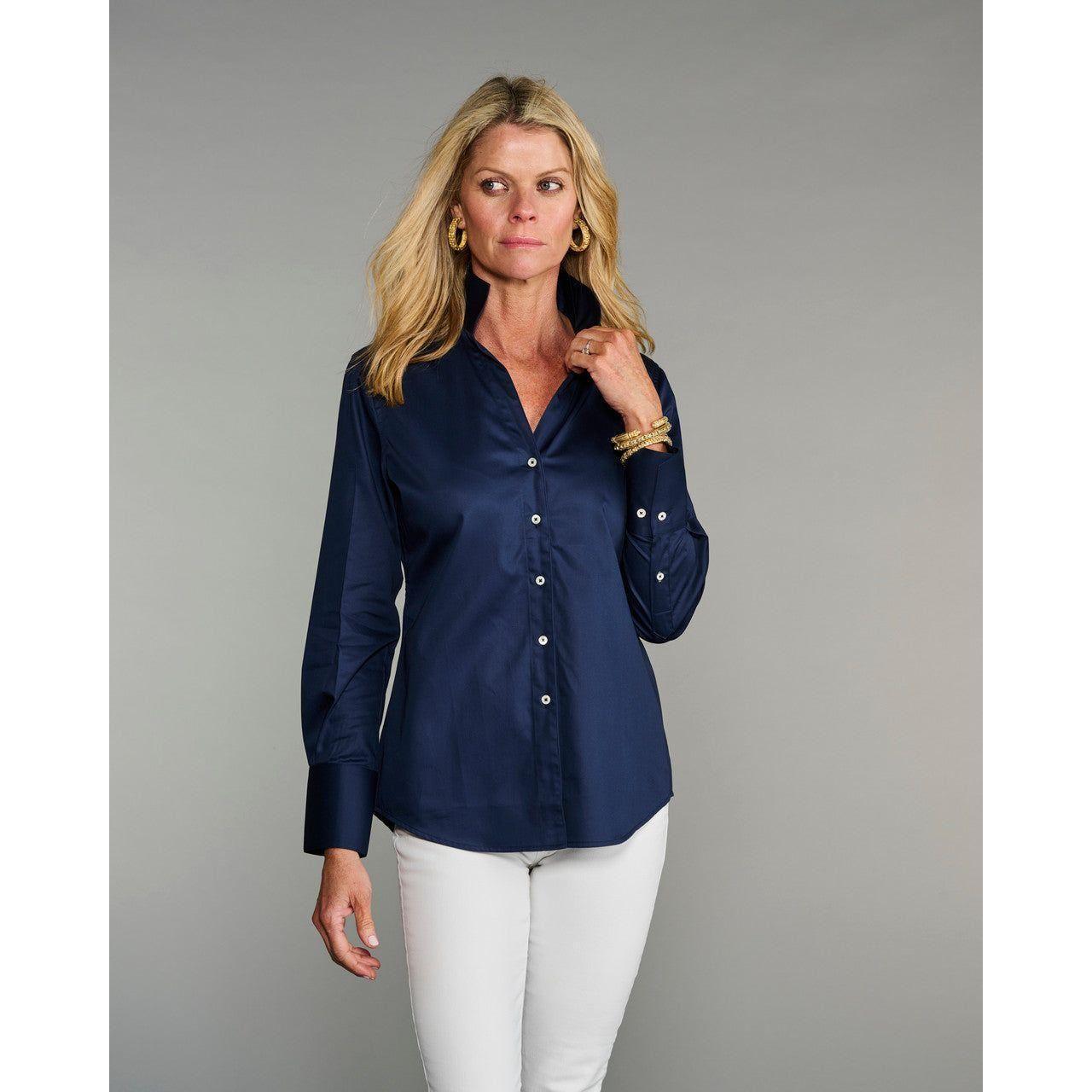 Navy Standup Collar Button Down Shirt