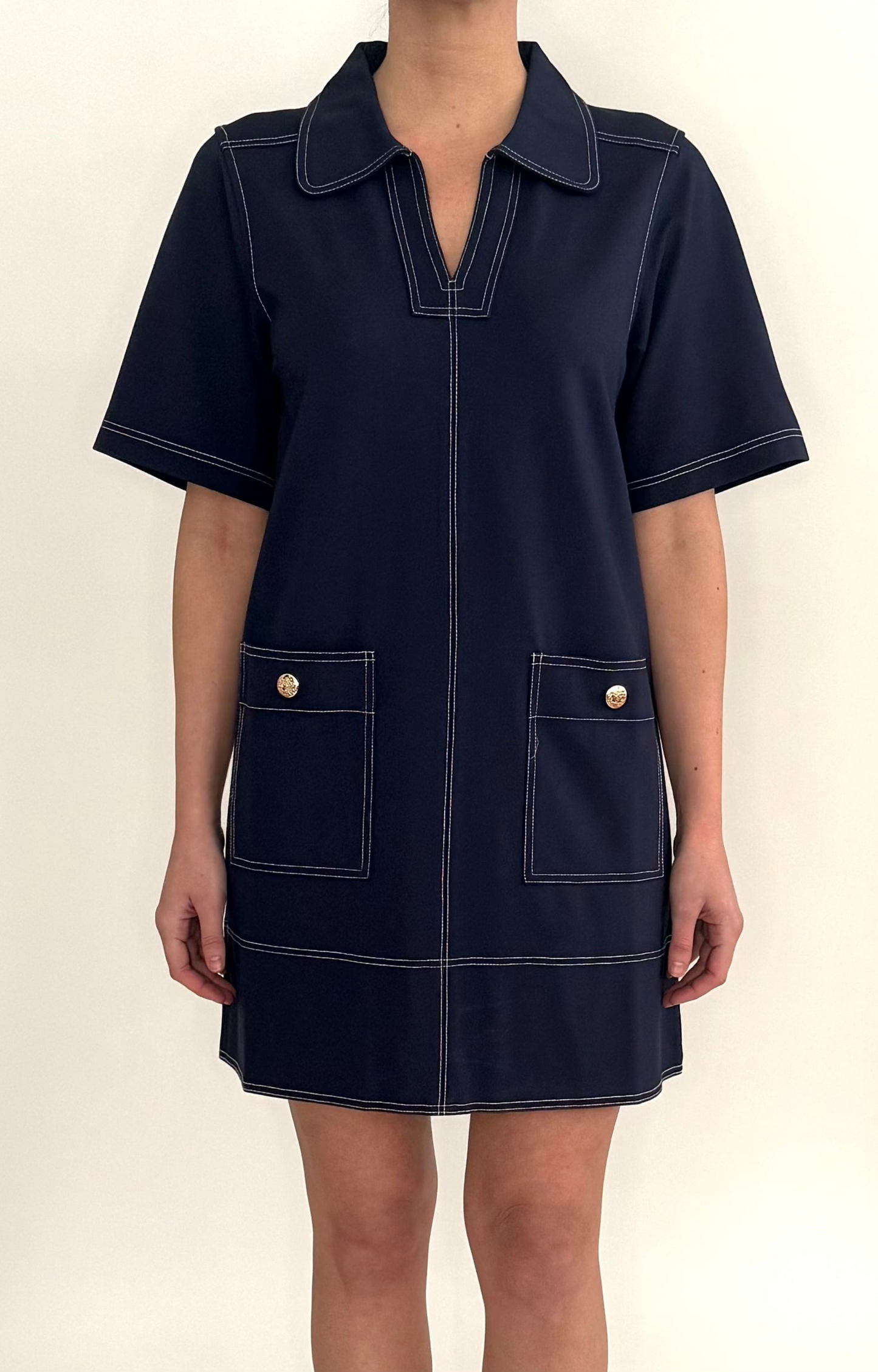 Navy Stitch Detail Mini Dress