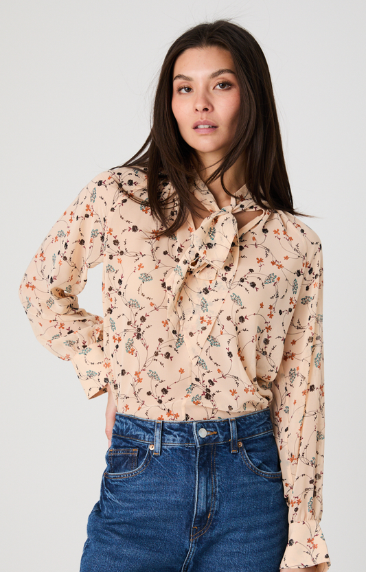 Peach Floral Tie Neck Blouse