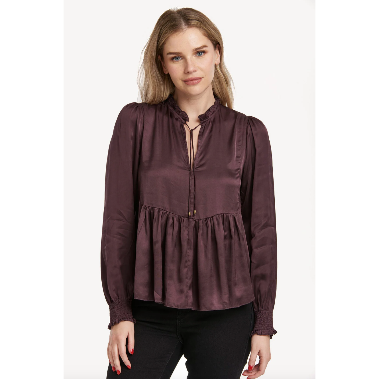 Plum Tie Neck Peplum Blouse