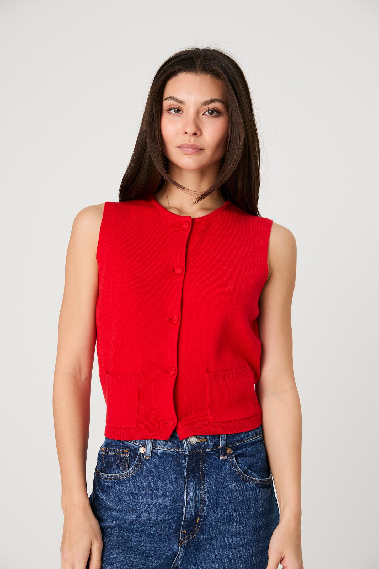 Red Button Front Sleeveless Top