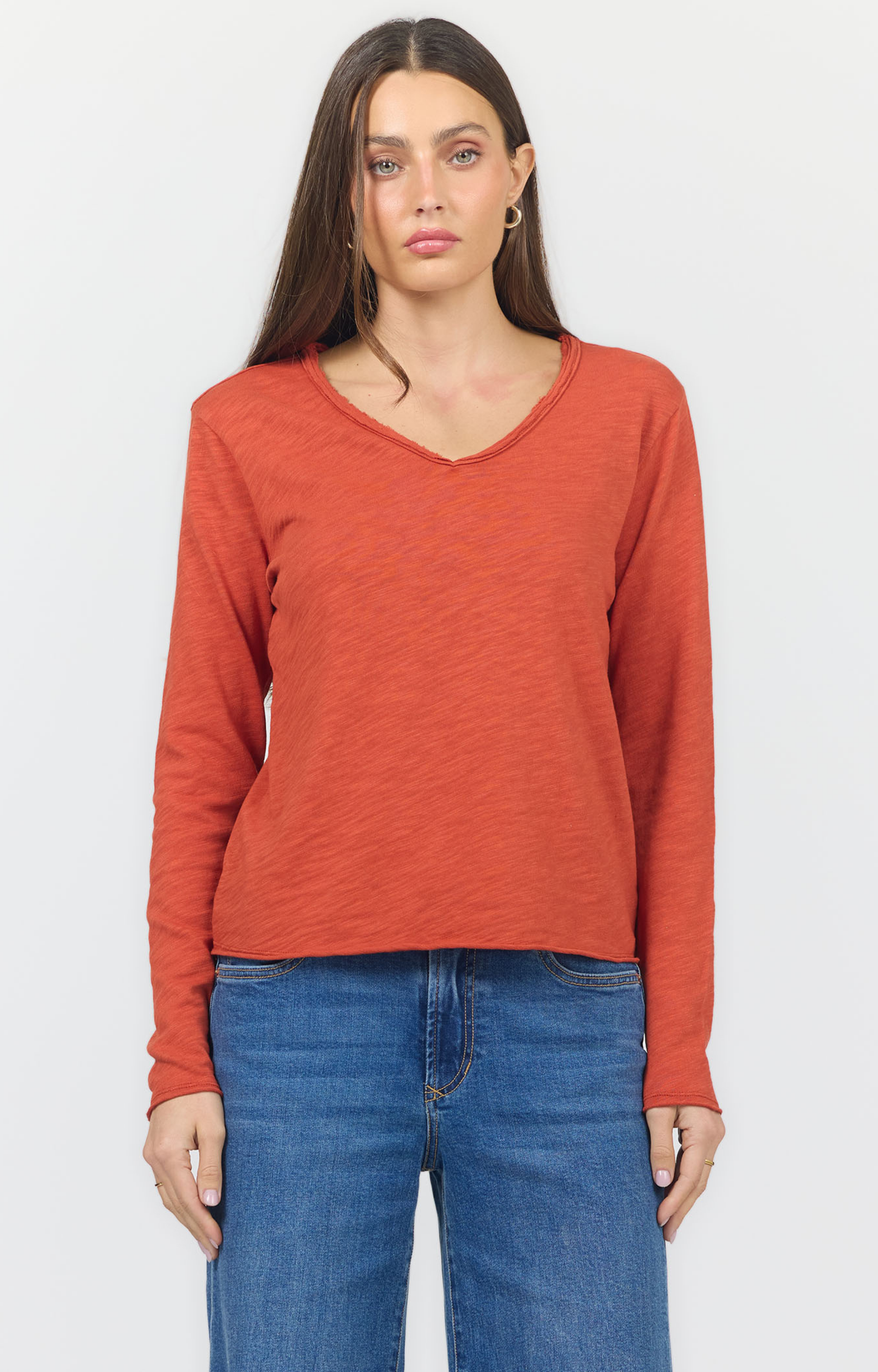 Rust Distressed V-Neck Long Sleeve