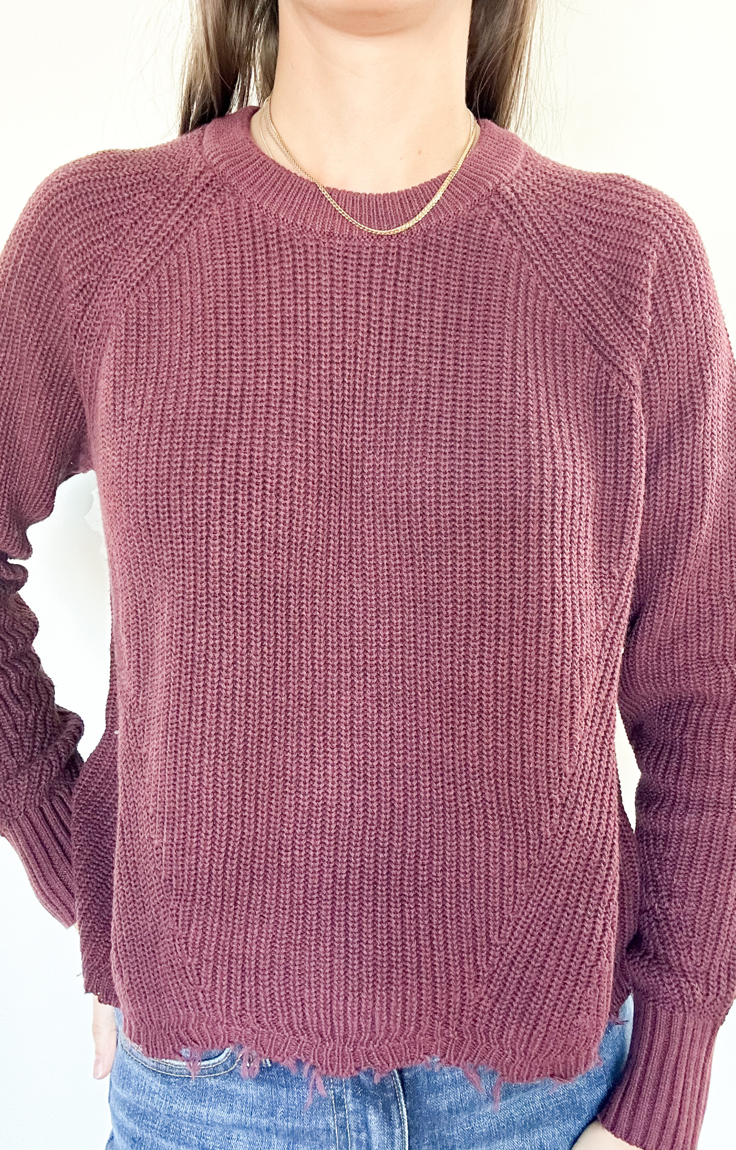 Sangria Distressed Scallop Hem Sweater