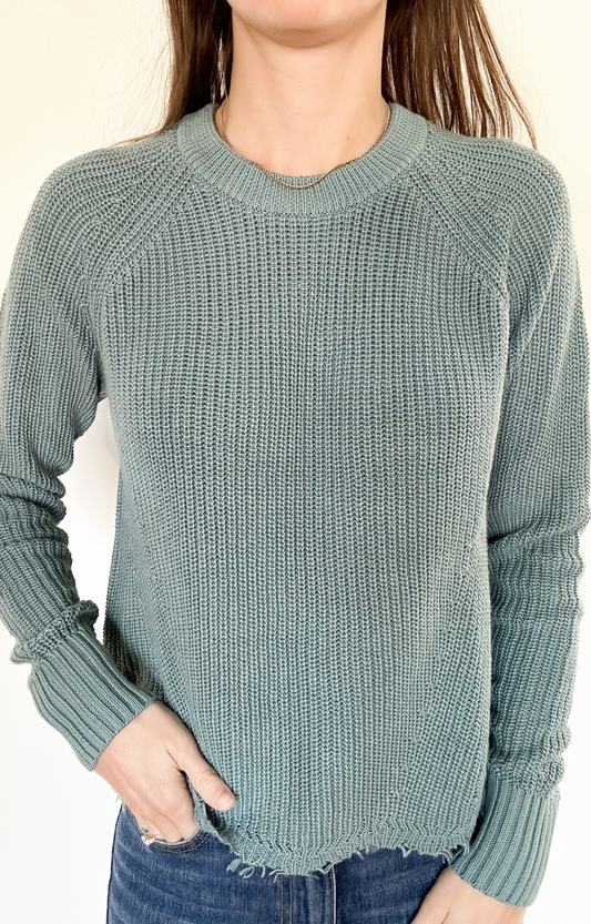 Turquoise Distressed Scallop Hem Sweater