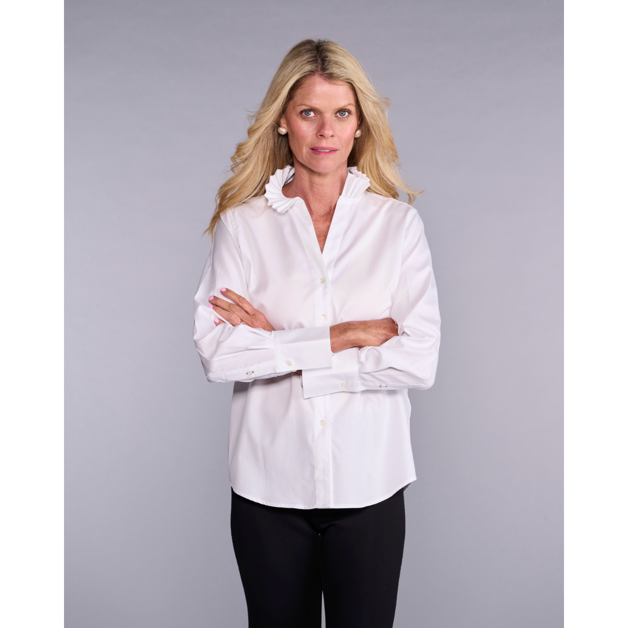 White Pleated Collar Button Down Shirt