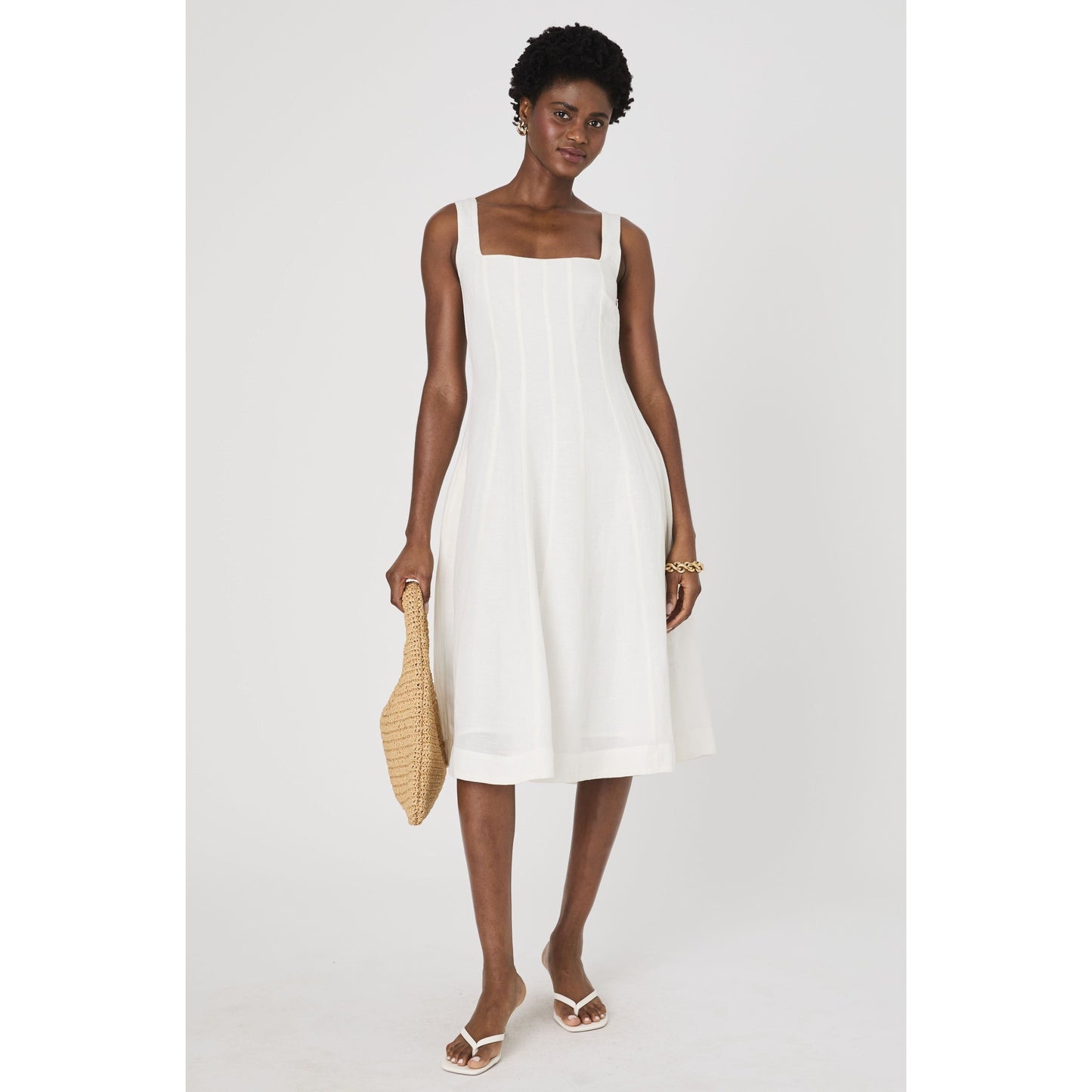 White Seam Detail Linen Dress
