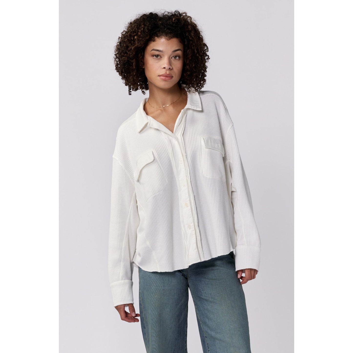 White Waffle Knit Button Down