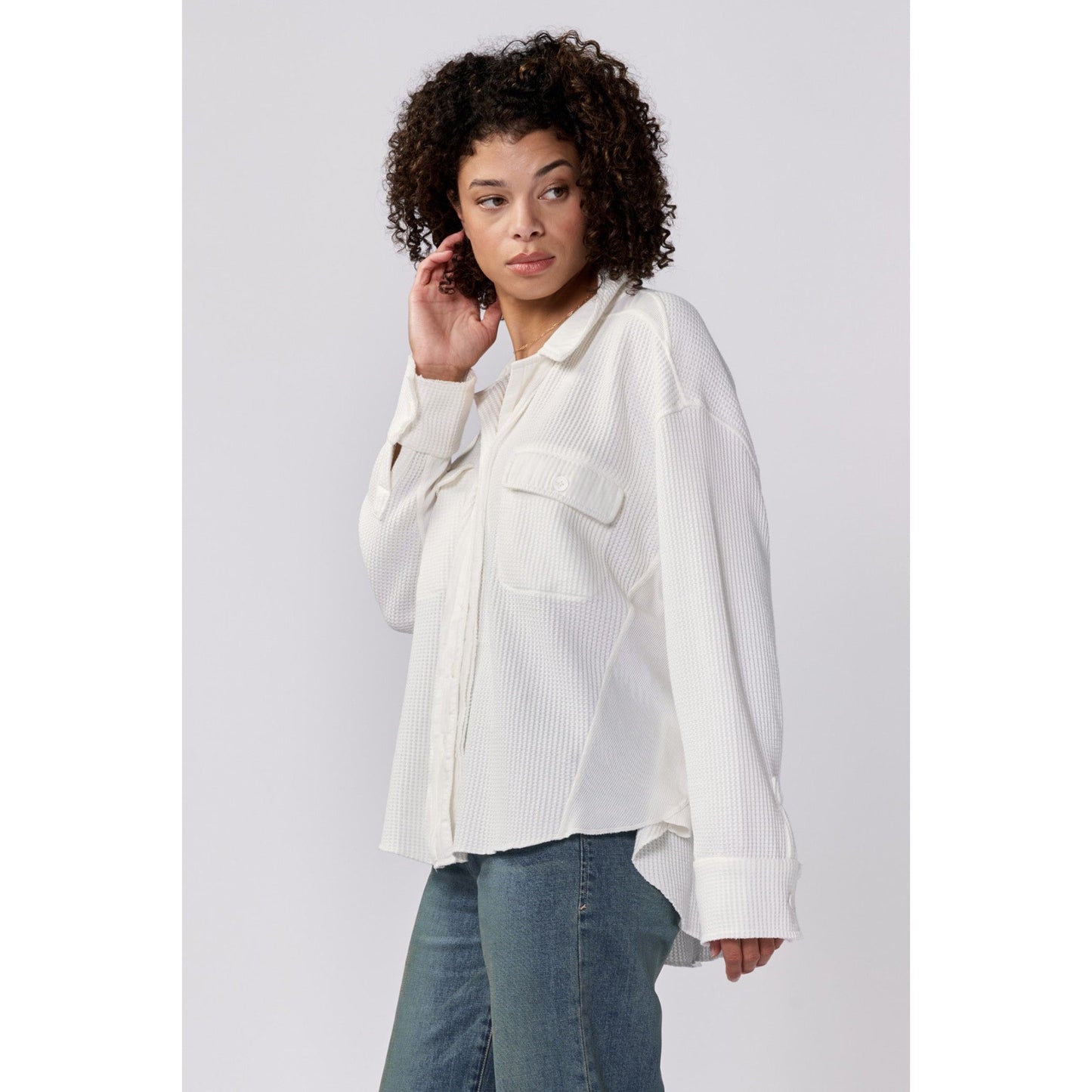 White Waffle Knit Button Down
