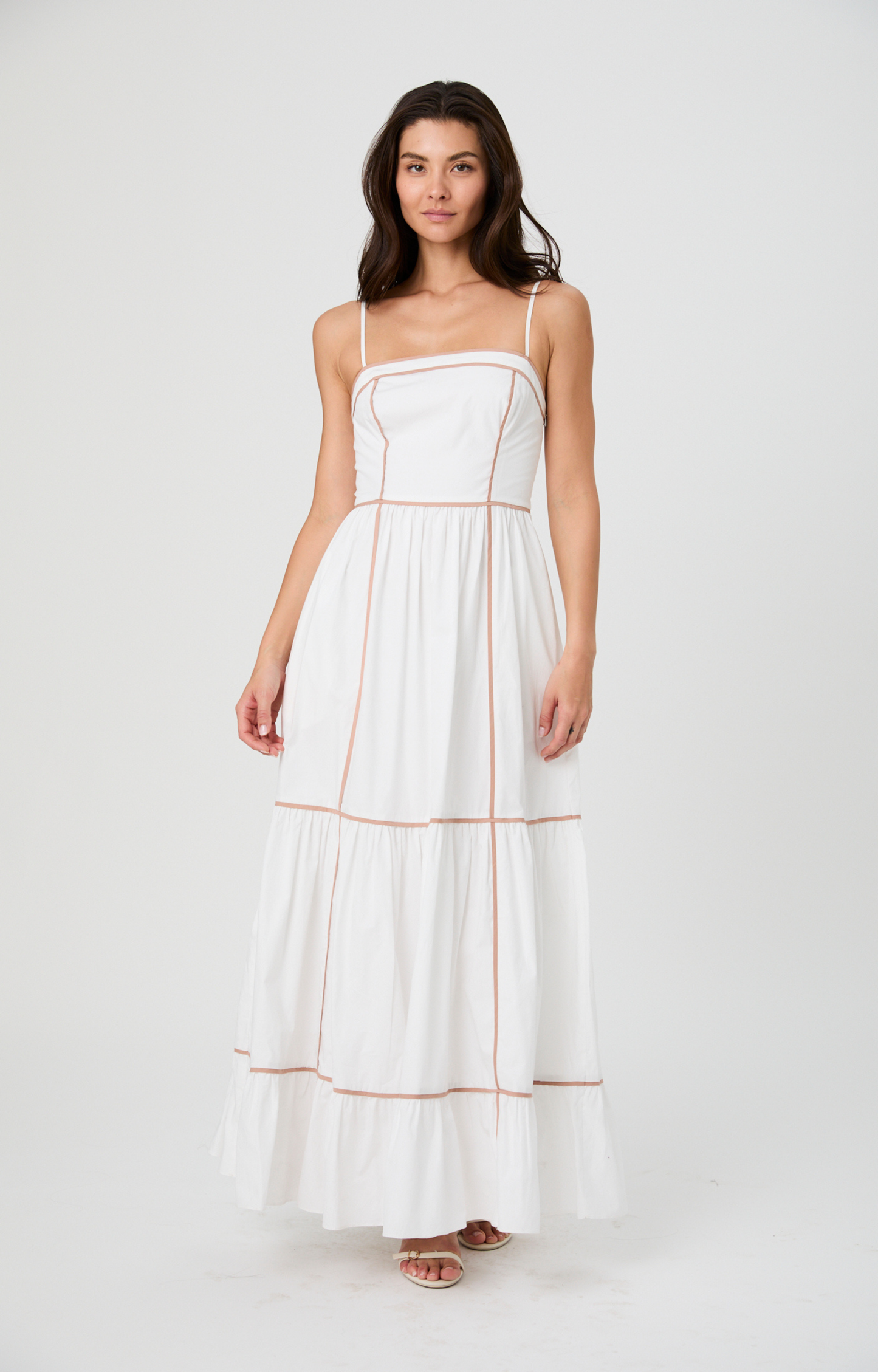 White/Beige Trim Maxi Dress