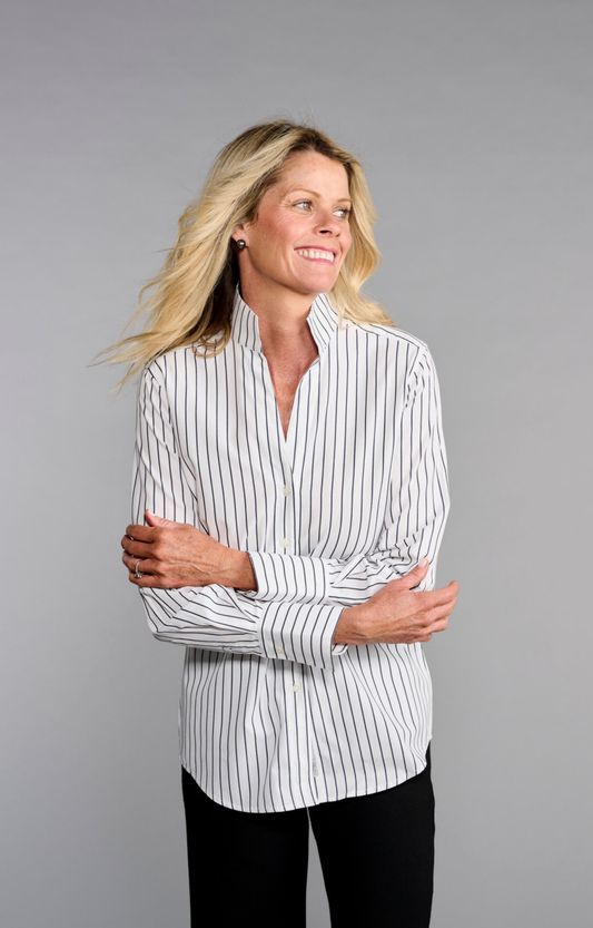 White/Black Stripe Standup Collar Button Down Shirt