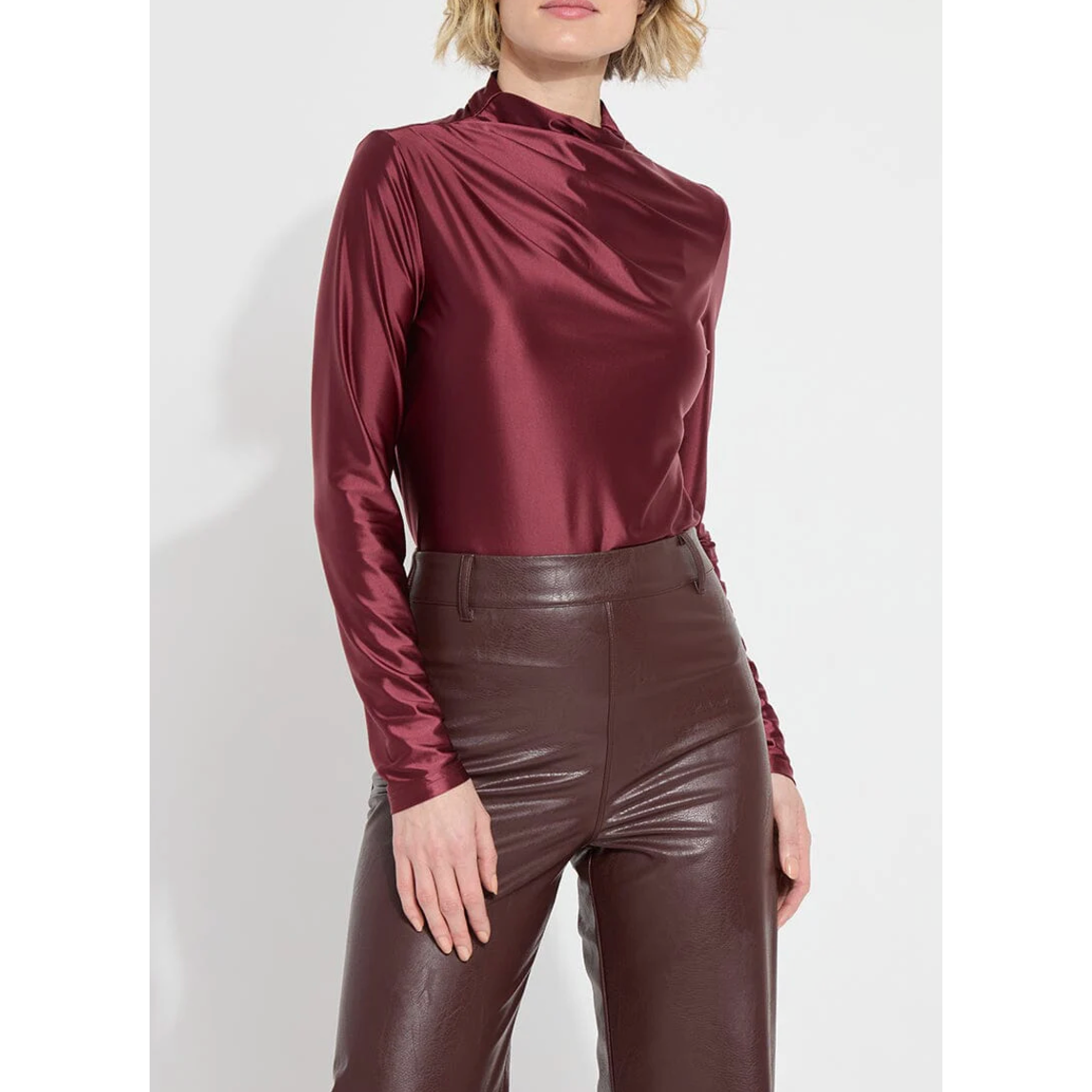 Wine Satin Funnel Neck Top