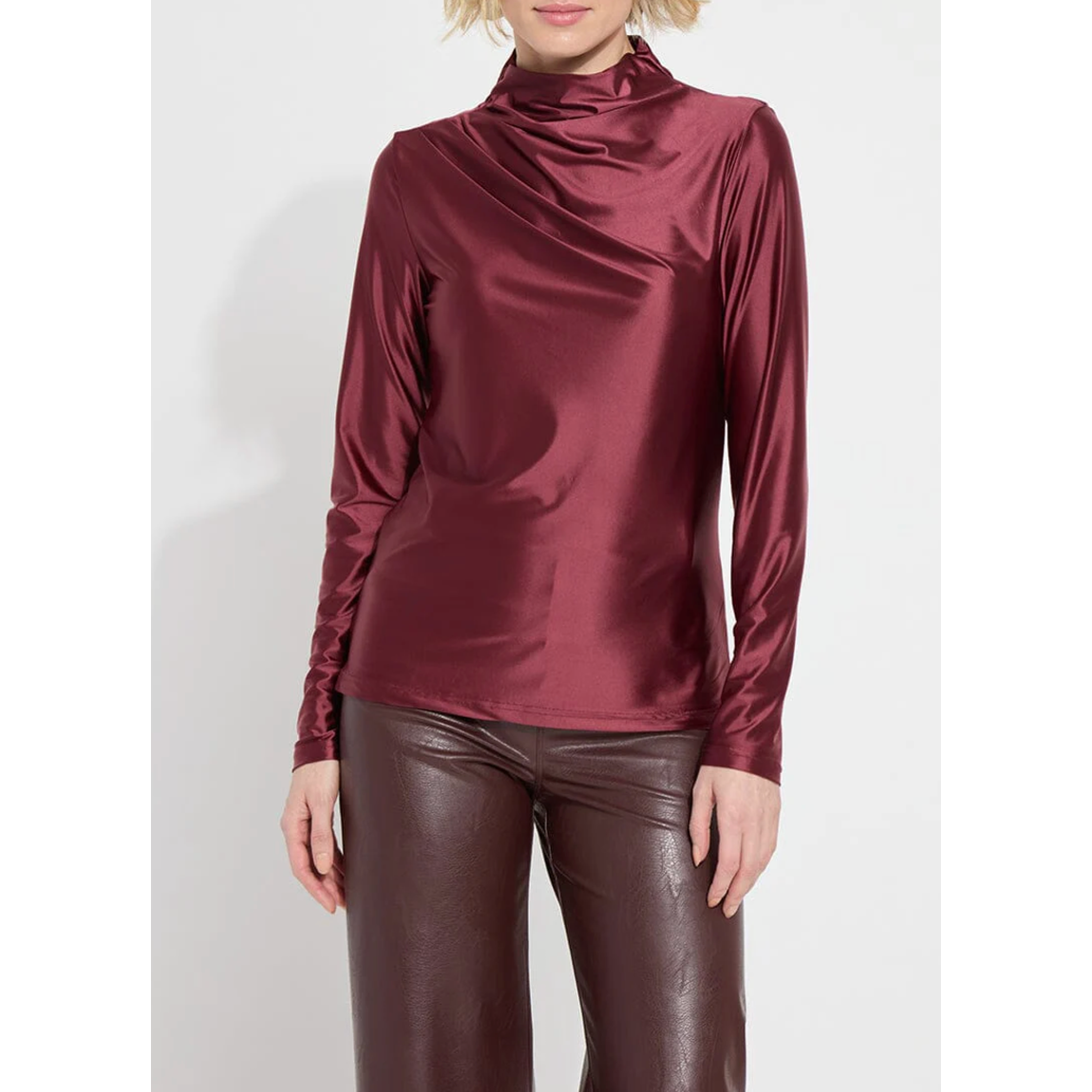 Wine Satin Funnel Neck Top