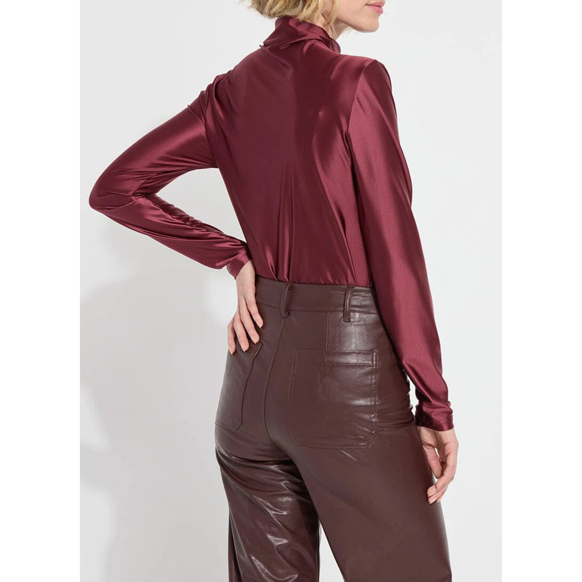 Wine Satin Funnel Neck Top